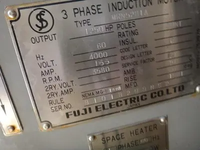 Fuji Electric 1250 HP @ 3580 RPM 4000 Volt SN 81018299NS2
