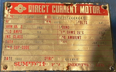 150HP/110KW Sumitomo DC Motor, Item # 1926