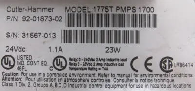 USED CUTLER HAMMER 1775T-PMPS-1700 PANELMATE 92-01873-02 87-02008-00