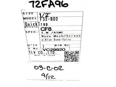 NEW TLV F32-BD2 QUICK TRAP 1/2" CF-8 F32BD2