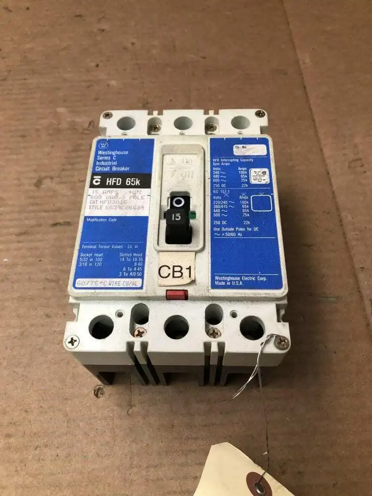 Westinghouse HFD 65k 15A 3 Pole Molded Case Circuit Breaker 600VAC