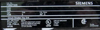 USED SIEMENS FD63T225 CIRCUIT BREAKER 225A 3 POLE