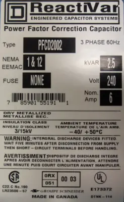 NEW SQUARE D PFCD2002 REACTIVAR POWER FACTOR CORRECTION CAPACITOR 2.5 KVA 240V