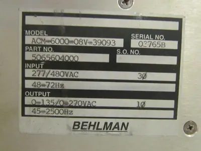 BEHLMAN ACM-6000-08V-39093 Input 277/480VAC 30 48-72Hz Output 0-135/0-270VAC 10