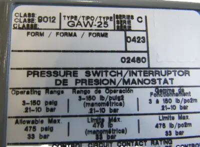NEW SQUARE D 9012GAW-25 PRESSURE SWITCH SER. C 9012GAW25