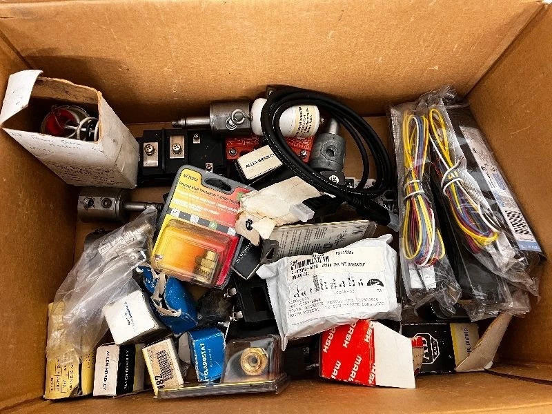 Box of Industrial Electrical Parts and Controls Including Allen-Bradley, Relays, Adapters, and Connectors