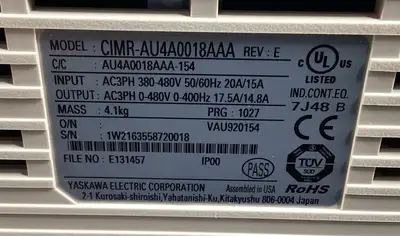 Used Yaskawa YASKAWA ELECTRIC CIMR-AU4A0018AAA 380-480VAC 20 / 15A UNMP Variable Speed Drives | Palmetto Automation #1149302