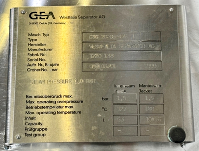 Westfalia CSC 20-06-476 hydro-hermetic clarifier skid.