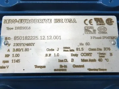 Sew Eurodrive SA47DRE90L6 Gearmotor 26rpm 44:1 1Hp 230/460V 3PH Hollow Shaft