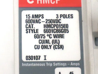 NEW CUTLER HAMMER HMCP015E0 CIRCUIT BREAKER SER. C, 15A, 600VAC, 3 POLE
