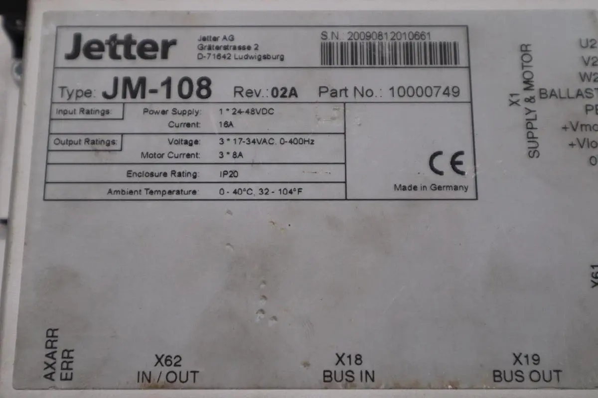 JETTER JM-108 REV 02A PART NO 10000749 Servo Drive STOCK H1068A