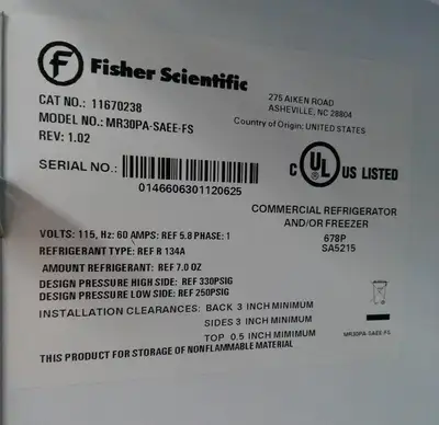 Fisher Scientific MR30PA-SAEE-FS +4C Laboratory Refrigerator 27Cf  (2020)