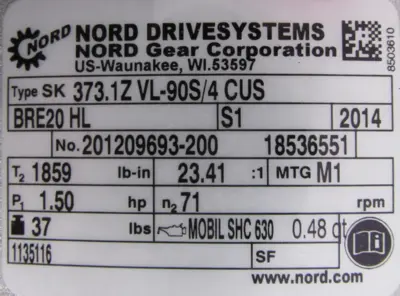 NEW NORD SK373.1ZVL-90S/4CUS GEARMOTOR 23.41:1 1HP 1" DIA. SK90S/4CUSBRE20HL