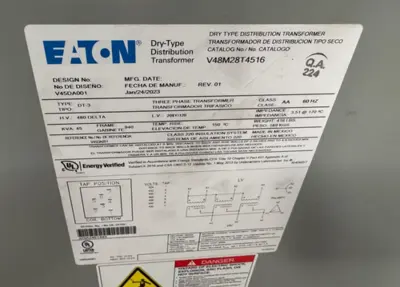Eaton V48M28T4516 Dry Type Transformer 45KVA
