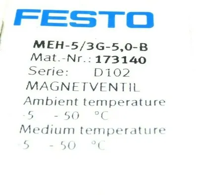 USED FESTO ELECTRIC MEH-5/3G-5,0-B SOLENOID VALVE MEH53G50B