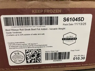 K - Two Rivers Beef Ribeye Roll Steak - Fat Added, Needle Tenderized - 10.3 lb (4 Pack)