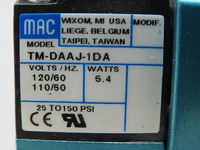 Mac 82A-AC-CKA-TM-DAA5-1DA Pneumatic Solenoid Control Valve 150PSI 110/120V Coil