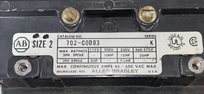 Allen Bradley 702-C0D93 Starter 3PH 3 Pole 45-600 VAC Max. (BIN742)