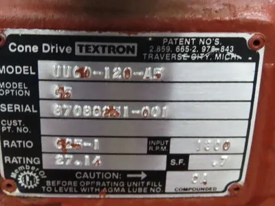 Textron Cone Drive UU60-120 Double Reduction Gearbox 625:1 Speed Reducer 2.88RPM
