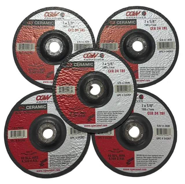 CGW 7" x 1/4" x 7/8" Grinding Wheel Metal/Stainless Steel 24 Grit Ceramic 5 Pack