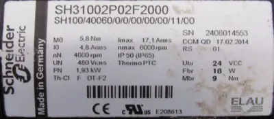 USED SCHNEIDER ELECTRIC SH31002P02F200 SERVO MOTOR SH100/40060/0/0/00/00/00/1100