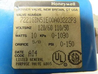 Honeywell 7221GBN51E00A0J222P3 Solenoid Valve 120/60V 10Watts 5/8 Orifice