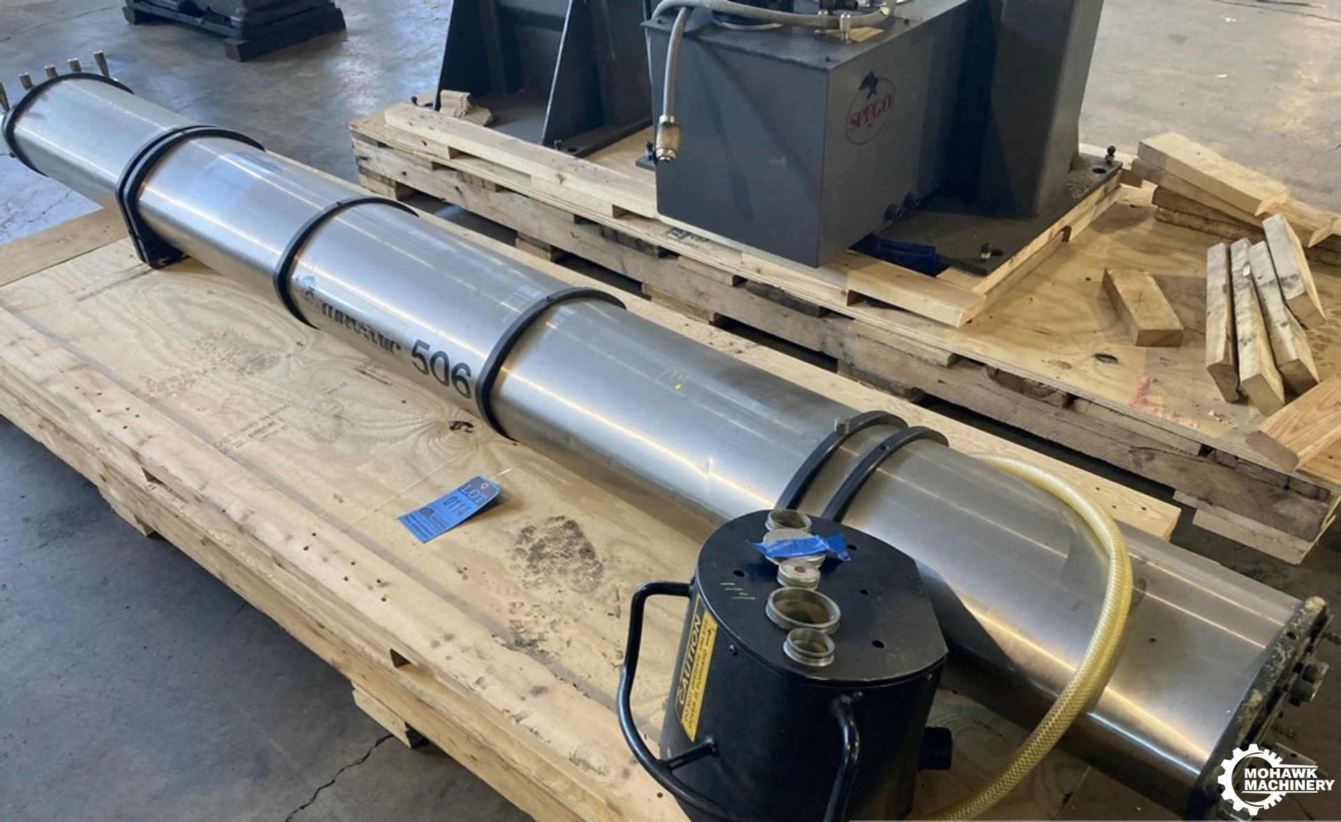 2-1/2" X 10' (120”) SPEGO "506-20” TURNMATIC 5-SPINDLE HYDRAULIC BAR-FEED w/SELF-CONTAINED HYDRAULICS - (2) HEAVY-DUTY SUPPORT STANDS