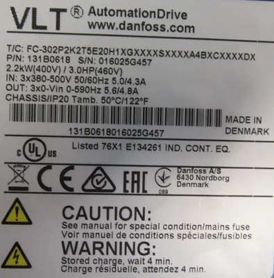 USED DANFOSS FC-302P2K2T5E20H1XGXXXXSXXXXA4BXCXXXXDX DRIVE 3HP 131B0618