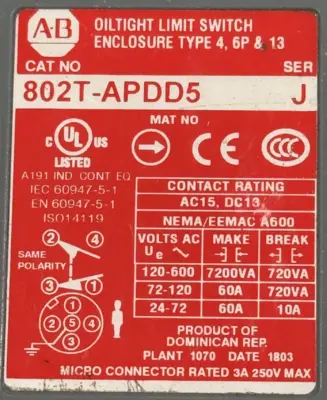ALLEN BRADLEY 802T-ATPDD5 LIMIT SWITCH SER.J 802TATPDD5 NEW SURPLUS