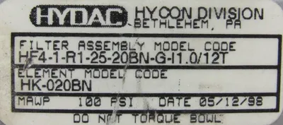 NEW HYDAC HF4-1-R1-25-20BN-G-I1.0/12T FILTER ASSEMBLY HF41R12520BNGI1012T