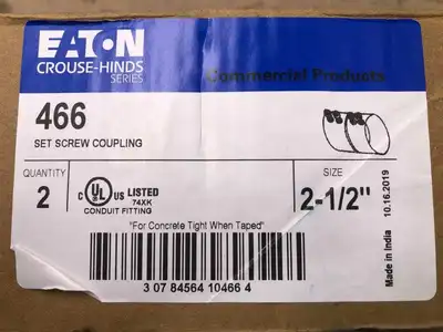 Eaton 466 2-1/2″ EMT Set Screw Coupling ; Zinc-Plated Steel ; 4″ L -NIB