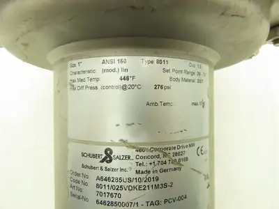 Schubert & Salzer 8011  1" Sliding Gate Valve Pressure Regulator 276 PSI 7017670