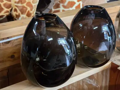 Lot of (4) Handblown Art Glass Table Vases by Holmegaard 6" x 7" (black) (rounded triangle)