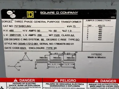 75 KVA SQUARE D 480 <-> 208y/120 ELECTRICAL TRANSFORMER: YOBRO #24138