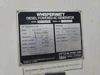 Whisperwatt DF-3300K 3-Phase Diesel AC Generator, 3,346 Hours (Needs Battery)