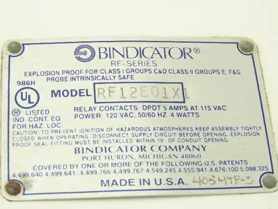 Bindicator RF12E01X1 RF Series Level Transmitter Sensor 120VAC 3/4" NPT Haz Loc