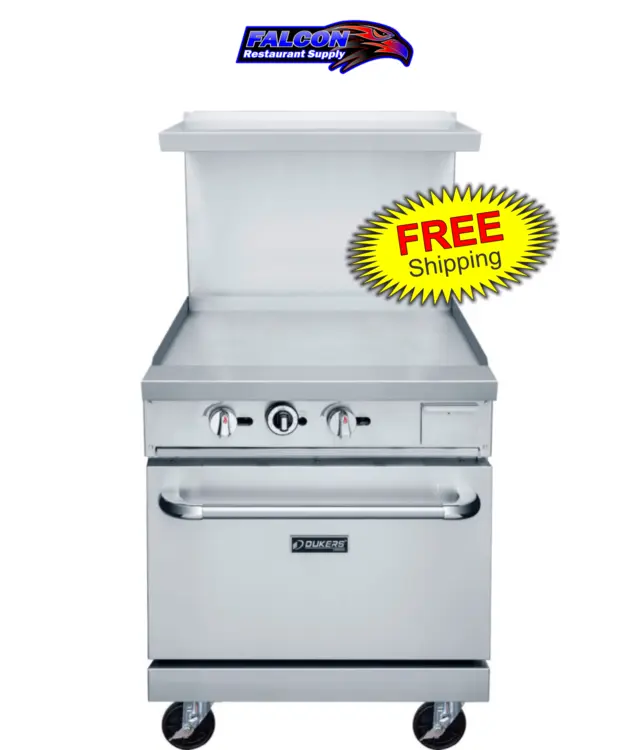 New | in-Stock Dukers New Dukers DCR24-GM 24" Gas Range with 24" Flat Top Griddle Commercial Ranges Illinois US | Falcon Restaurant Supply #1376295