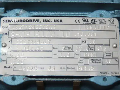 Sew Eurodrive SA47TDRS71S4BE05HR Brake Gearmotor 84:1 Ratio 20rpm .5Hp 230/460V