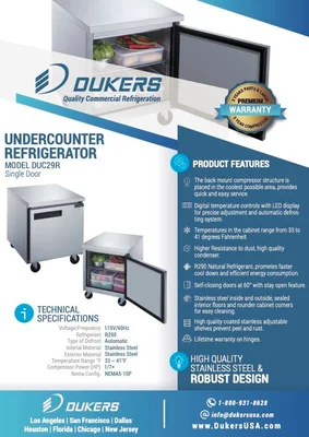 New | in-Stock Dukers New Dukers DUC29R Single Door Undercounter Refrigerator in Stainless Steel Undercounter Refrigerators Illinois US | Falcon Restaurant Supply #1376259