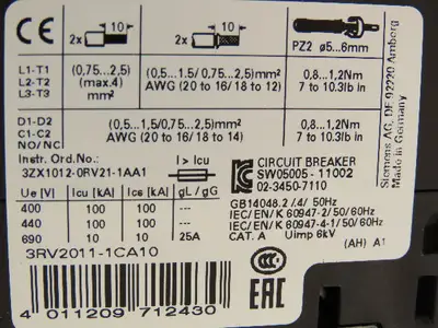 Siemens 3RV2011-1CA10 Manual Motor Starter 1.5HP 3PH 600VAC 2.5A Lot of 5