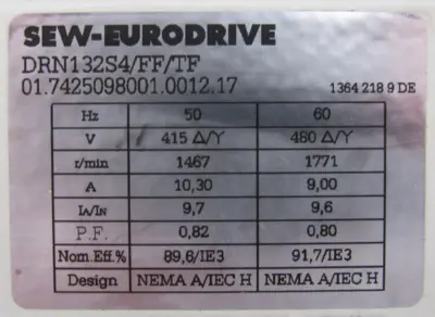 NEW SEW EURODRIVE DRN132S4/FF/TF MOTOR 380-400V/660-690V 5.5KW 1.5" DIA.