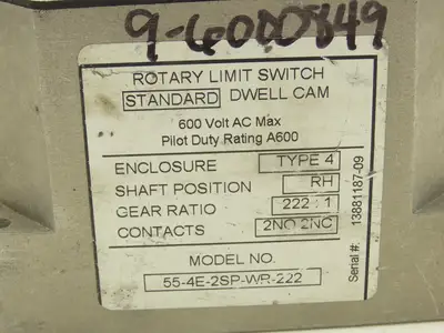Hubbell 55-4E-2SP-WR-222 Rotary Cam Limit Switch 222:1 Gear Ratio 2NO 2NC 600V