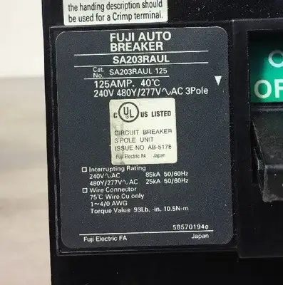 FUJI ELECTRIC SA203RAUL-125 AUTO BREAKER, 3 POLE, 125A 4E-4