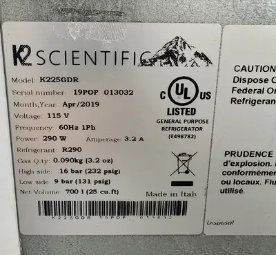 K2 Scientific K225GDR +4°C Commercial Refrigerator 25Cf 120v FULLY TESTED