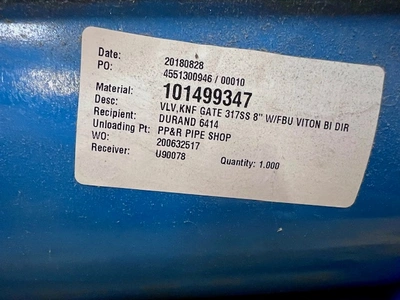 8" Trueline TL Pneumatic Knife Gate Valve, New Storeroom Spare