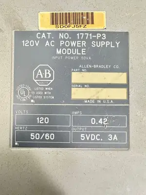 Allen Bradley 1771-P3 Power Supply Mod 120V 50/60Hz 0.42A 5 Vdc (5.3.3)