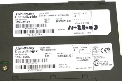 ALLEN BRADLEY 1756-L55/A PROCESSOR REV. F01 W/ 1756-M14 MEMORY SER. A 1756L55