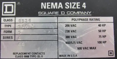 NEW SQUARE D 8536-SF0-1 MOTOR STARTER SIZE 4 8536-SF01V06 8536SF01