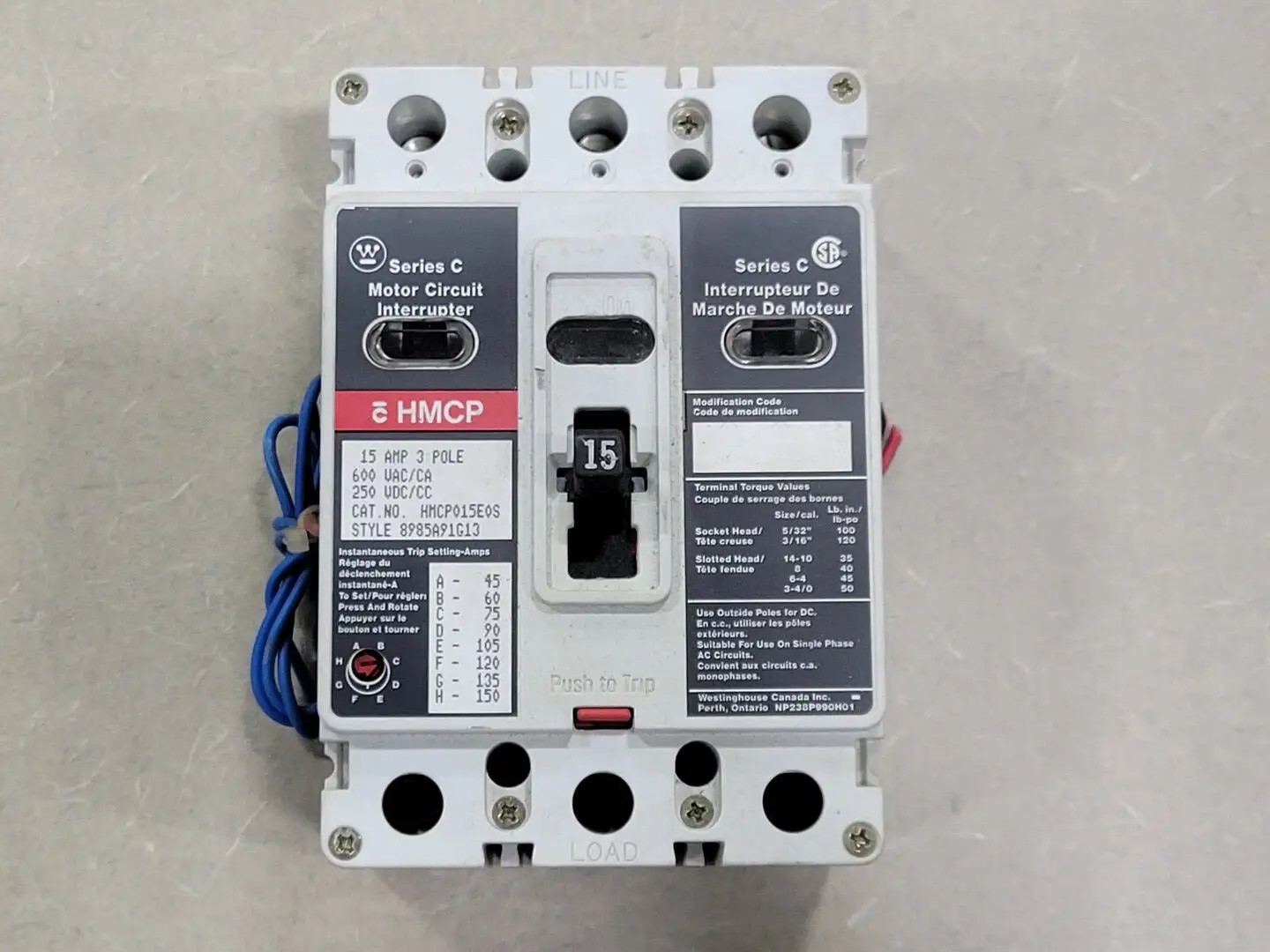 Used WESTINGHOUSE HMCP015E0S Switchgears British Columbia CA | Lenmark #242418