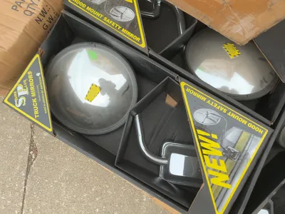Skid of assorted truck parts included rear tail lights, (3) Sure Plus Hood Mounted Safety Mirrors, C...